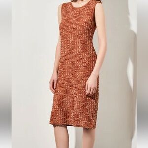 MING WANG tweed eyelash knit sheath dress midi brown scoop neck sleeveless L XL